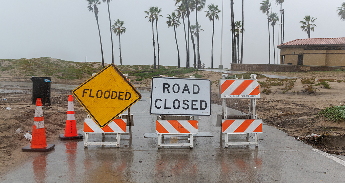 Marvin Braude Bike Trail closure due to storm at Dockweiler Beach.