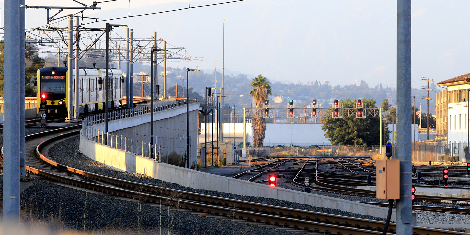 Los Angeles Metro Gold Line train, Railroad tracks, and signal lights at Los Angeles Union Station